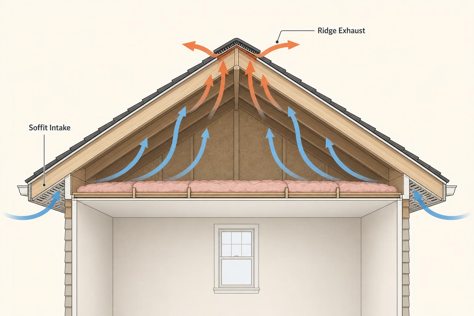 Cross-section diagram of a residential attic showing cool air entering through soffit vents and warm air exiting through a ridge vent