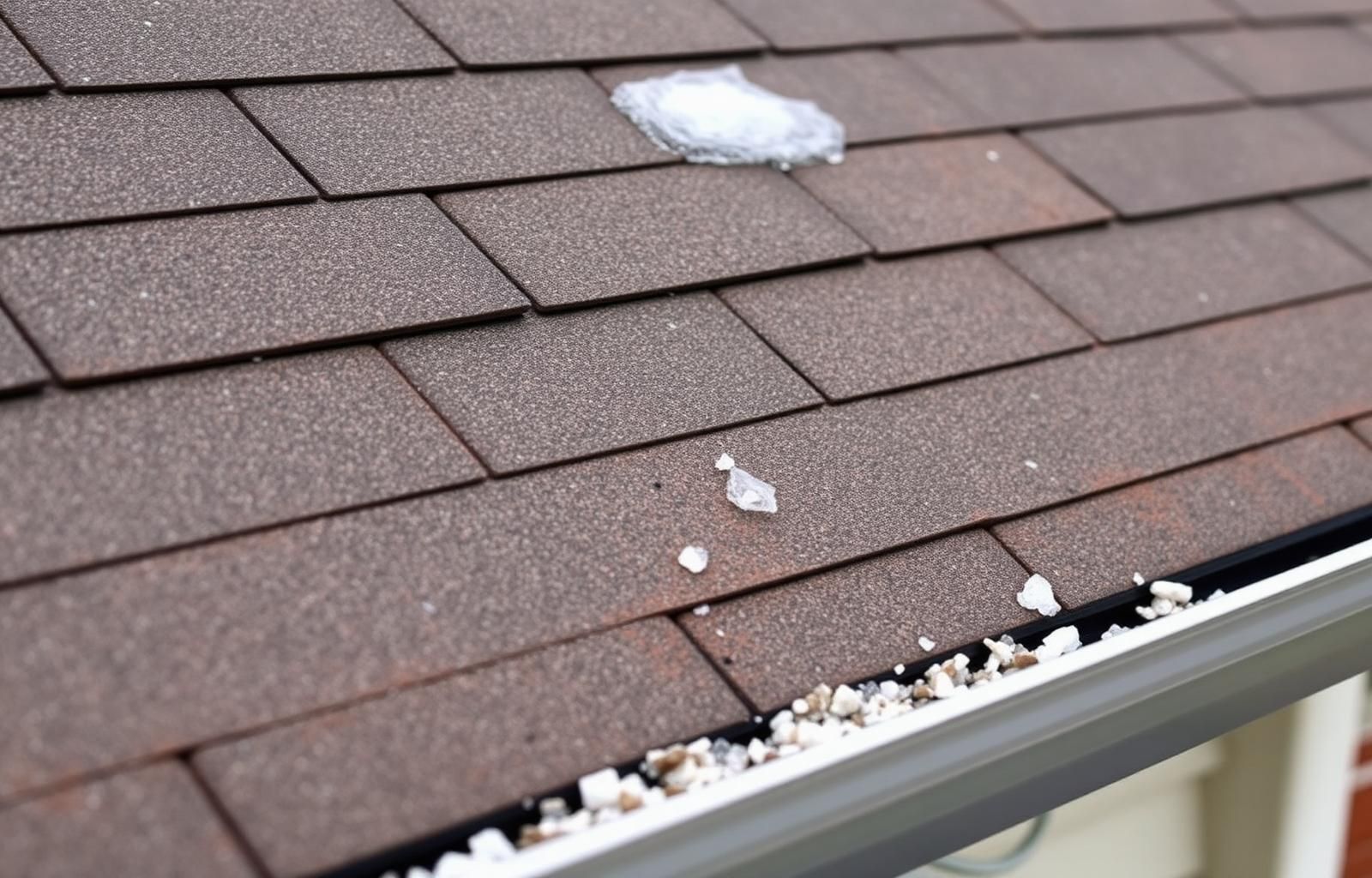 Close-up of hail-bruised asphalt shingles with loose granules in the gutter
